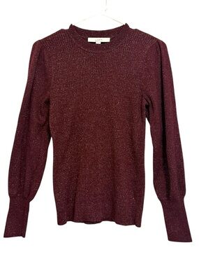 2/$30 LOFT Burgundy Metallic Ribbed Knit Sweater Puff Sleeve Size Small